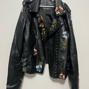 Black Faux Leather Moto Jacket with Floral Embroidery